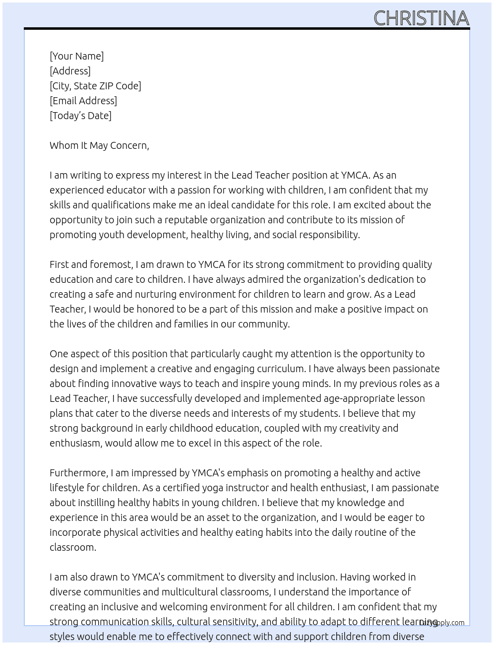 Lead Teacher At YMCA Cover Letter