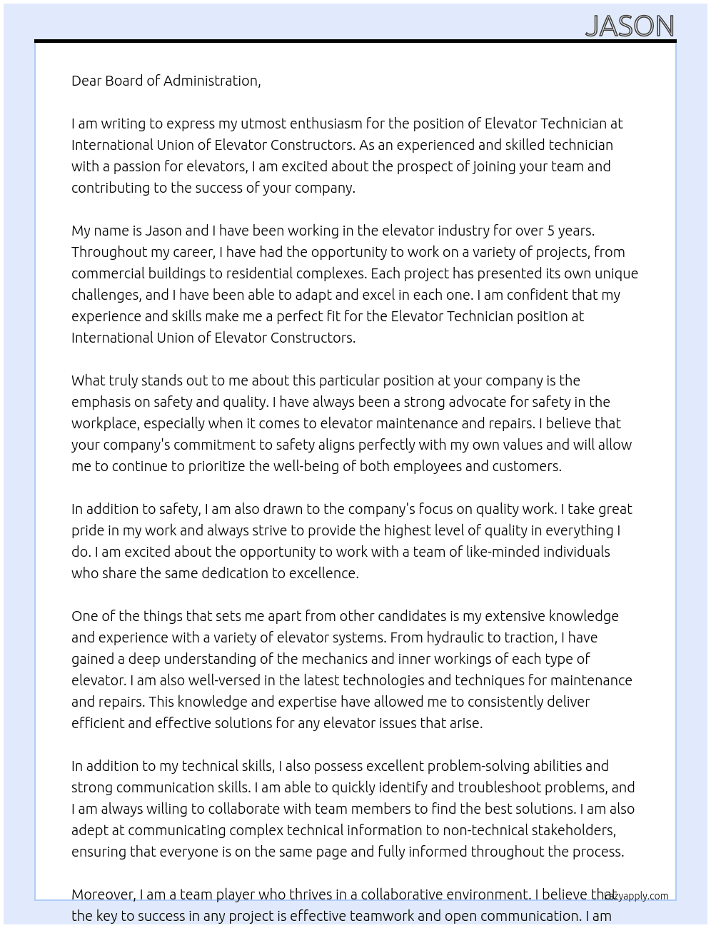 Elevator Technician  At International Union of Elevator Constructors Cover Letter