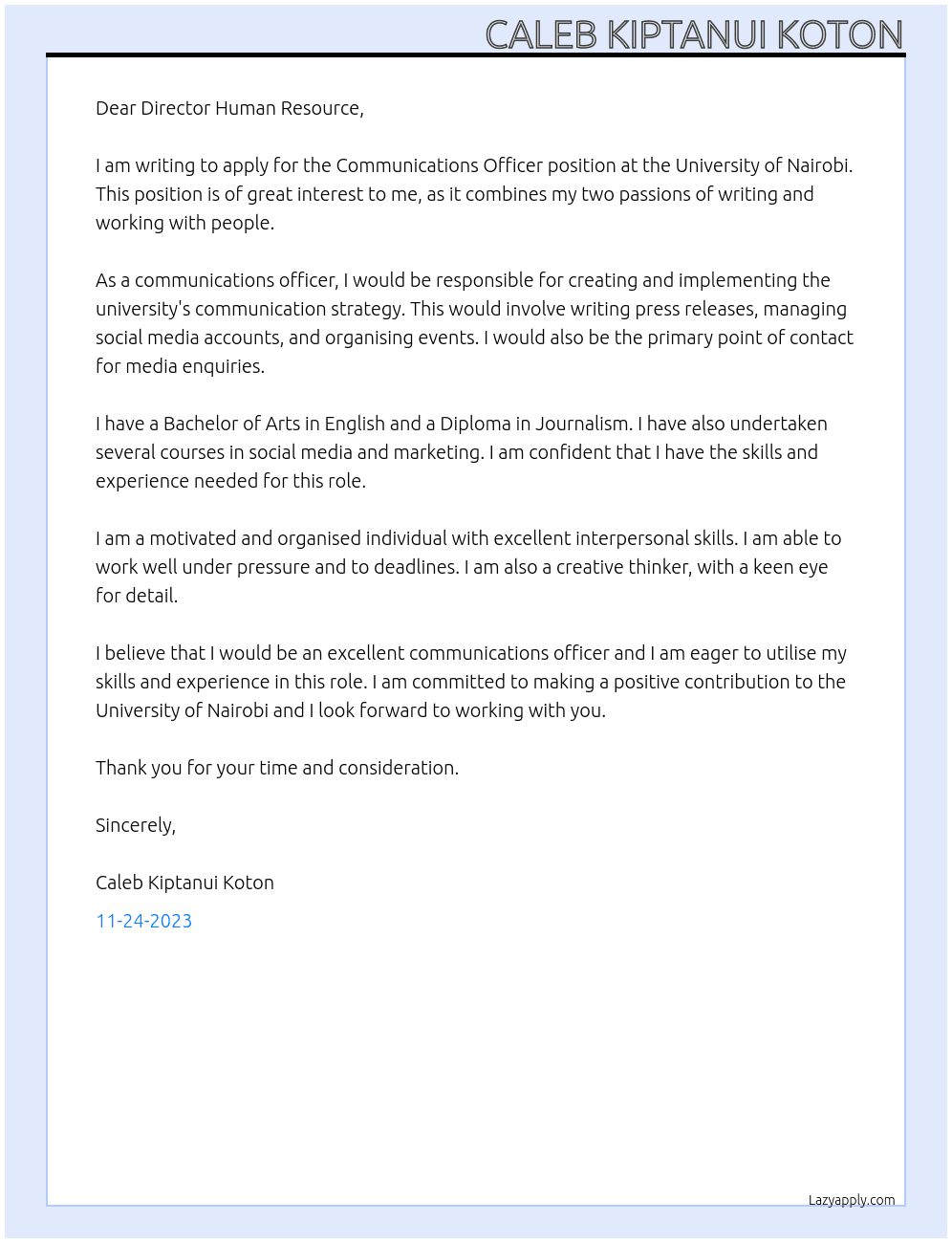 Communications Officer At University of Nairobi Cover Letter