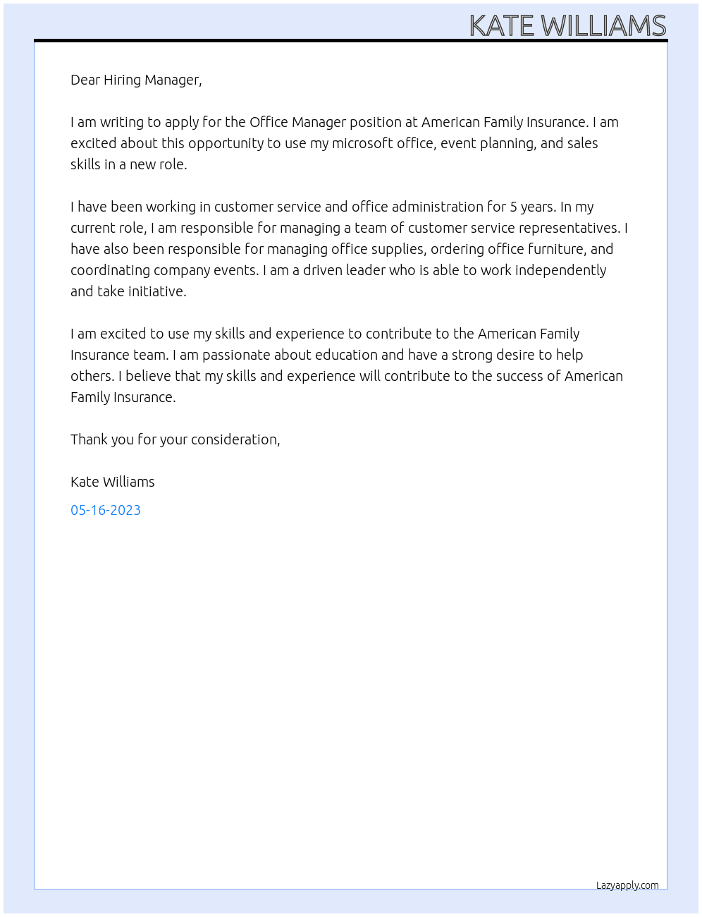 Office Manager At American Family Insurance Cover Letter