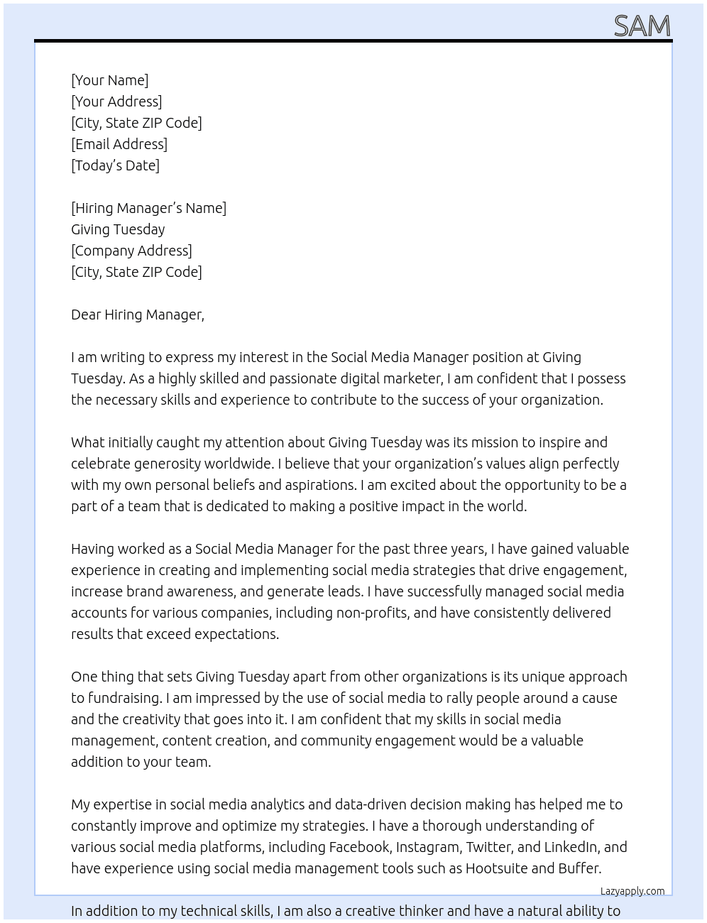 Social Media Manager At Giving Tuesday Cover Letter