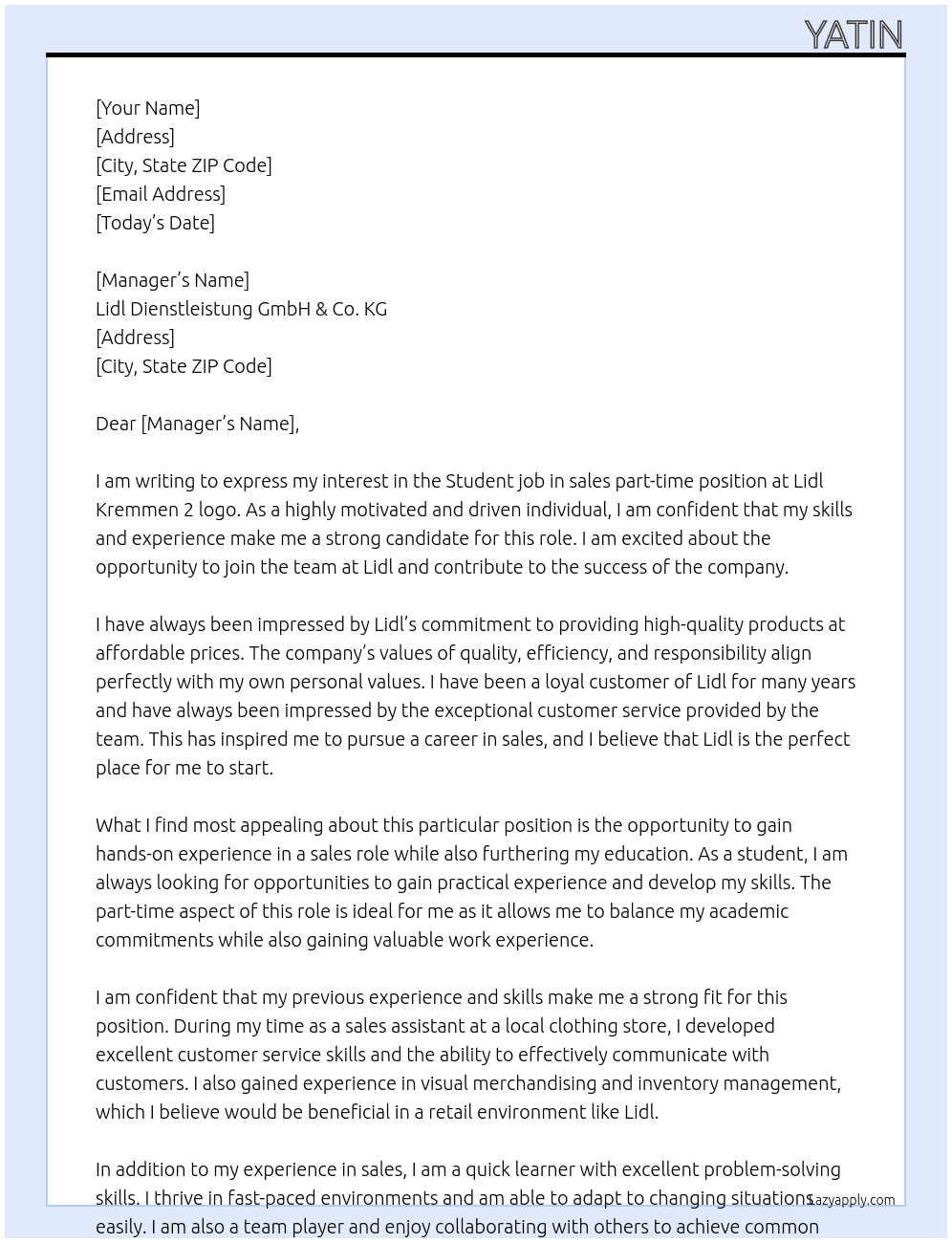 Lidl Kremmen 2 logo Student job in sales part-time At Lidl Dienstleistung GmbH & Co. KG Cover Letter