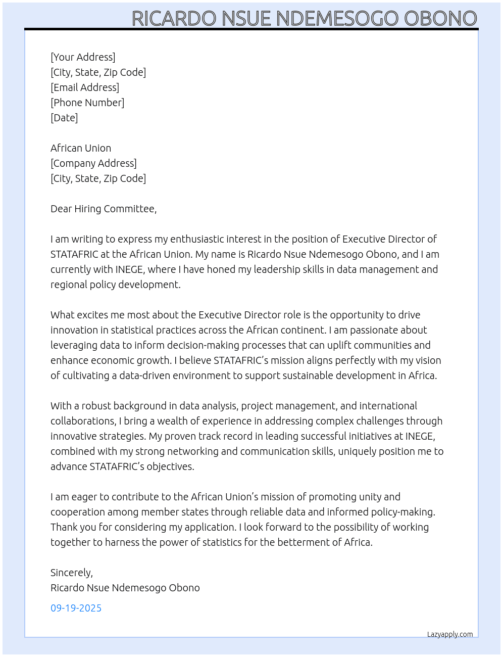 Executive Director of STATAFRIC At INEGE Cover Letter