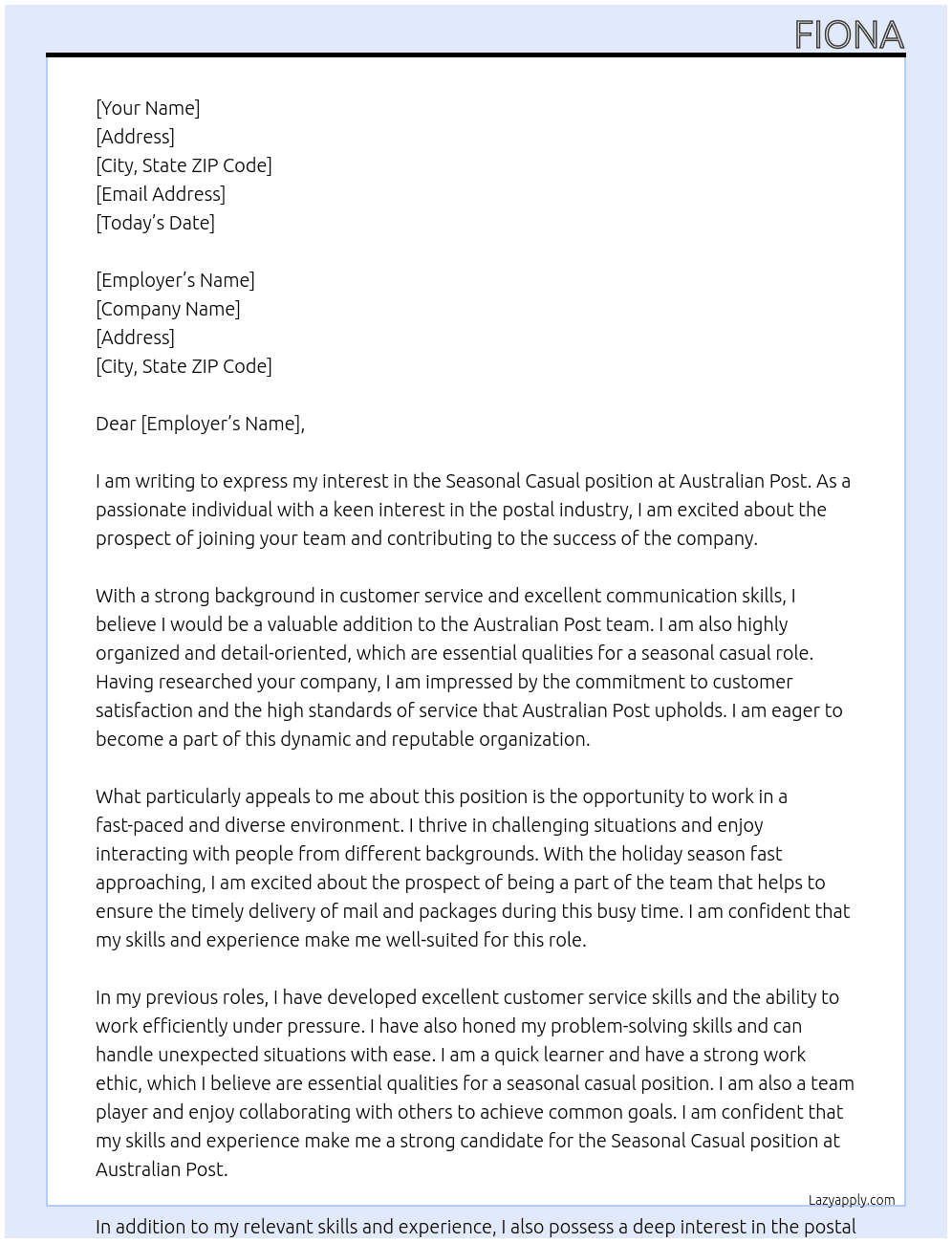 seasonal casual At Australian Post Cover Letter