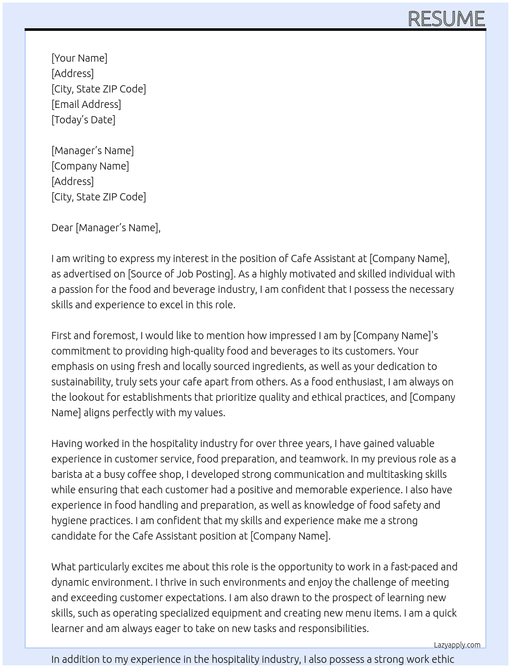 Cafe Assistant At Resume Cover Letter