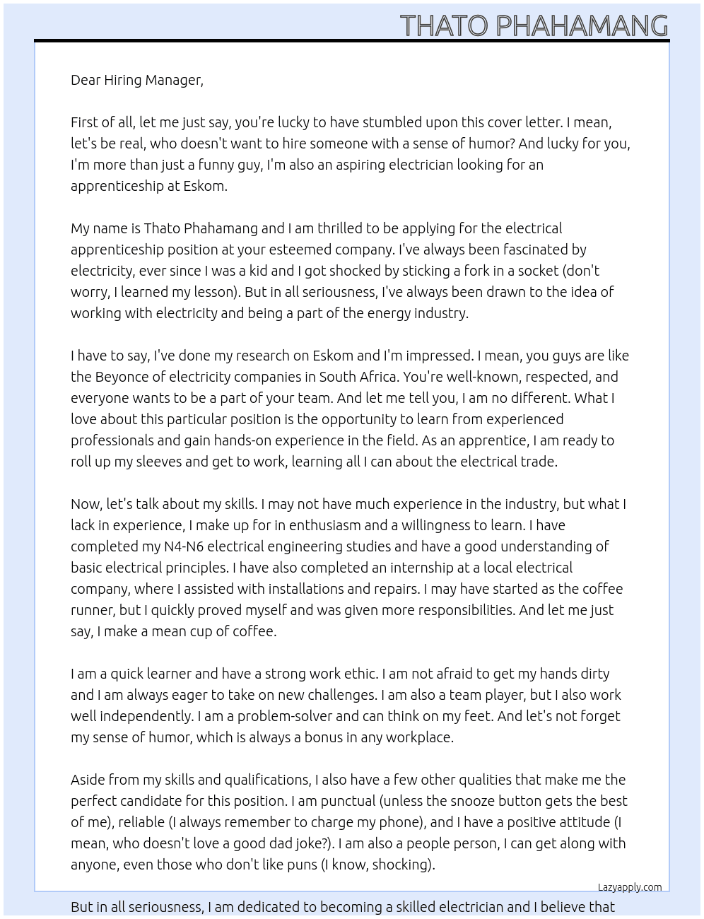 electrical apprenticeship  At eskom Cover Letter