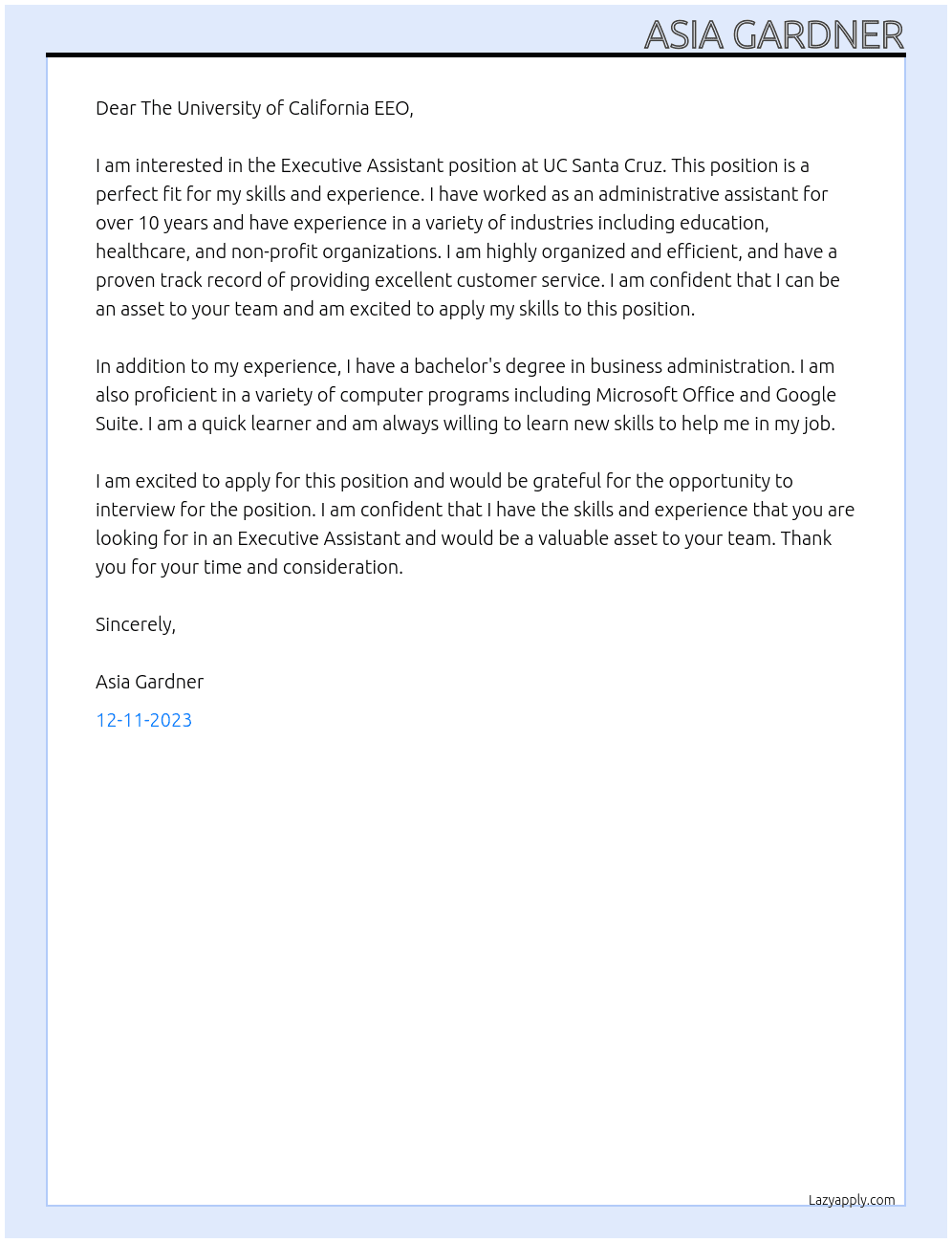 Executive Assistant At UC Santa cruz Cover Letter