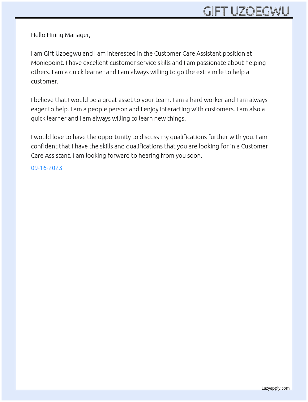 Customer Care Assistant  At Moniepoint  Cover Letter