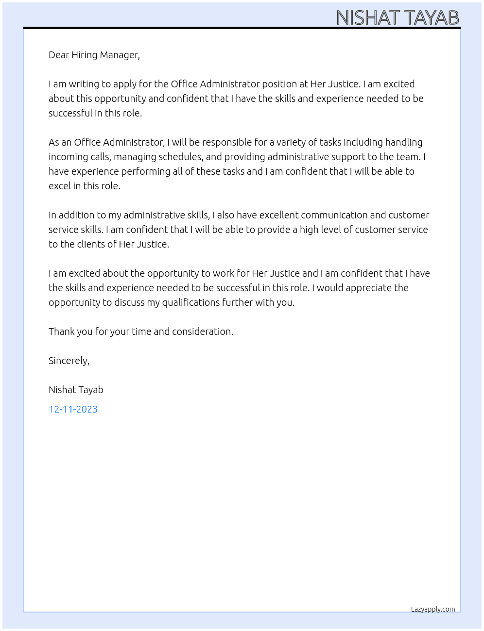 Office Administrator At Her Justice Cover Letter