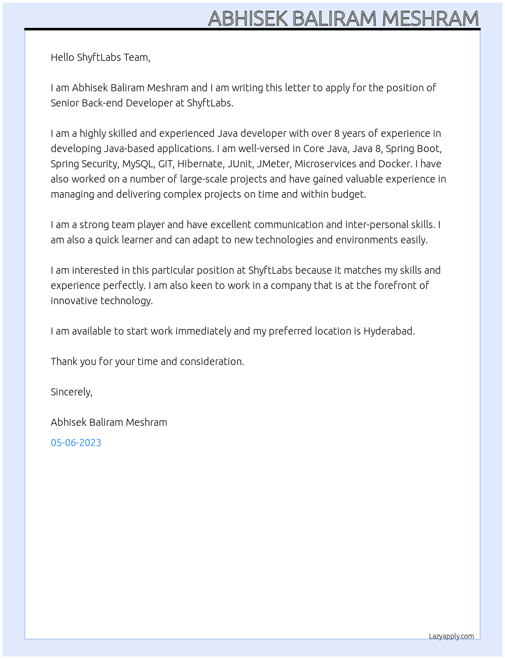 Senior Back-end developer At ShyftLabs Cover Letter