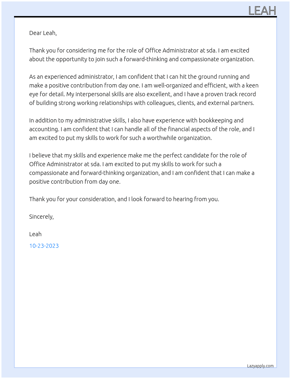 Office administrator  At sda Cover Letter