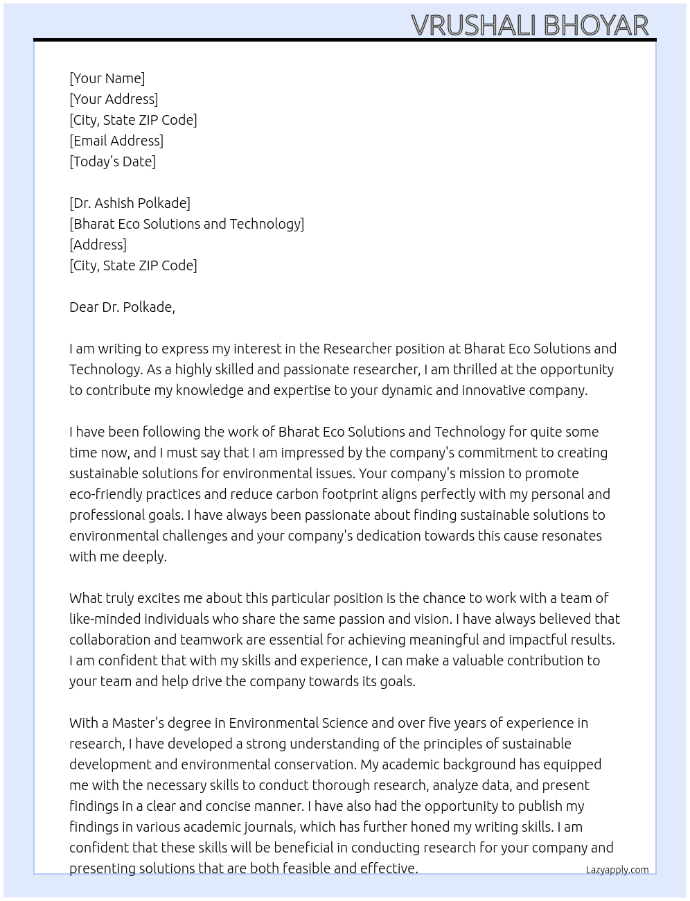 Researcher At Bharat eco solutions and technology  Cover Letter