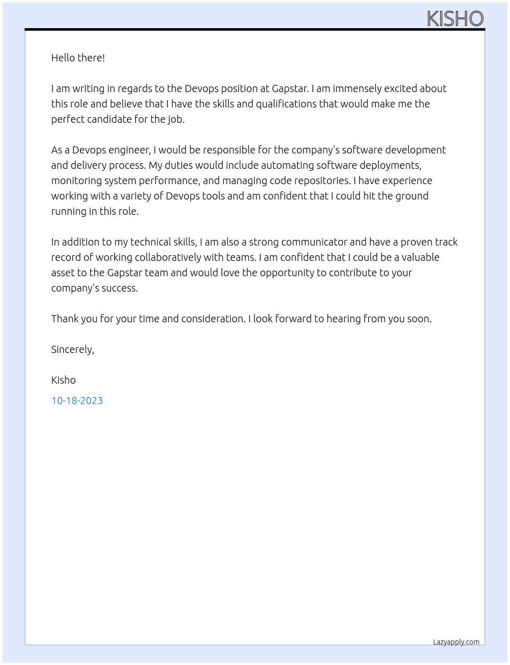 Devops  At gapstar Cover Letter