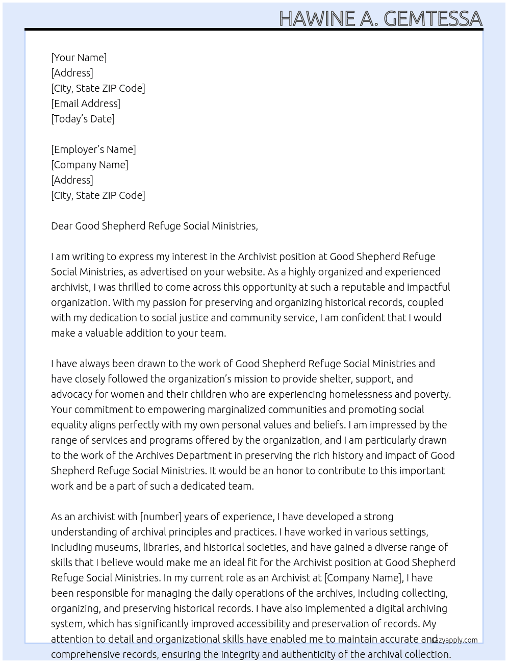 archivist At Good Shepherd Refuge Social Ministries Cover Letter