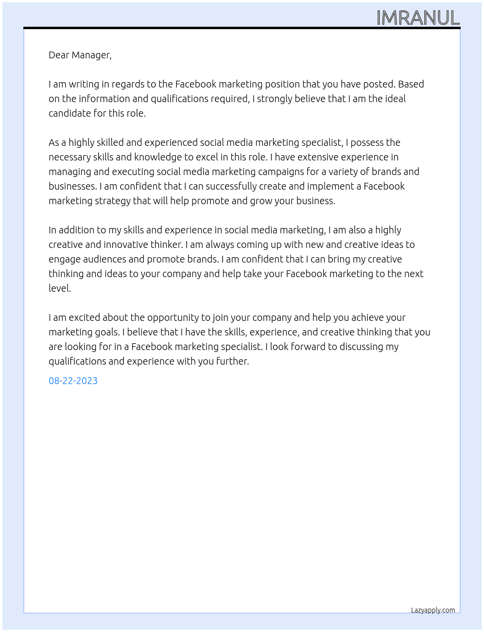 Facebook markting  At Gpa freelancer  Cover Letter