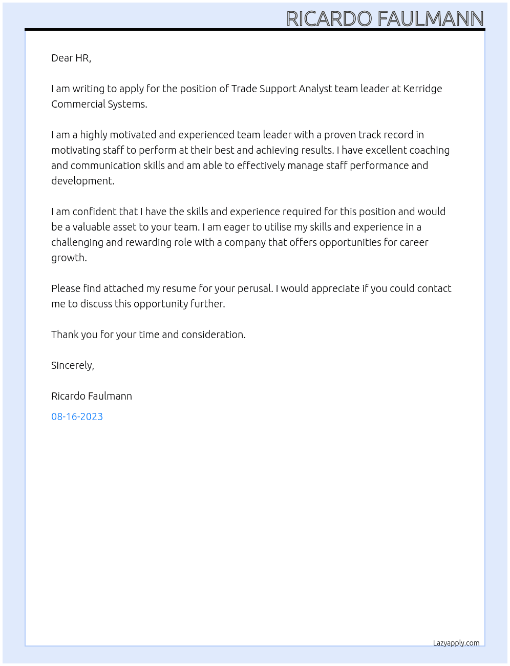 Trade Support Analyst team leader At Kerridge Commercial Systems Cover Letter