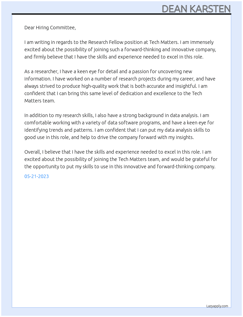 Researcch Fellow At Tech Matters Cover Letter