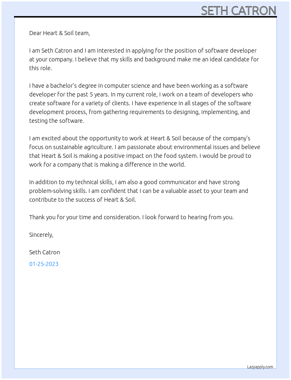 software developer At Heart & Soil Cover Letter