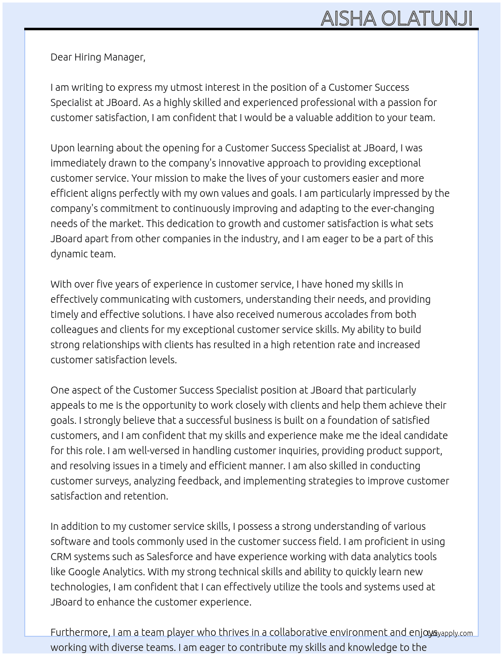 Customer success specialist  At JBoard Cover Letter