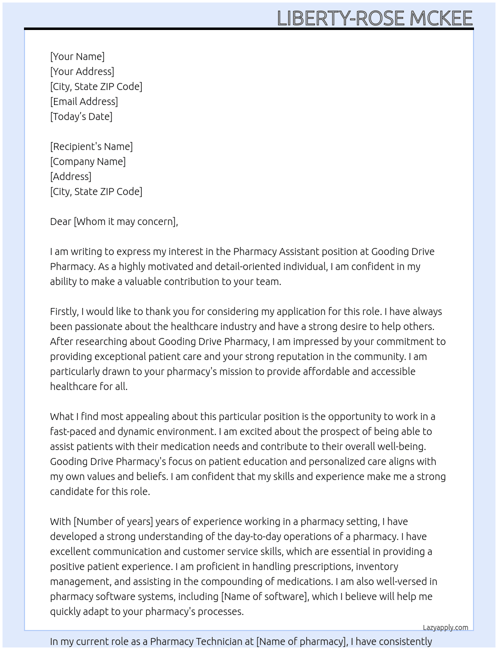 Pharmacy Assistant At Gooding Drive Pharmacy Cover Letter