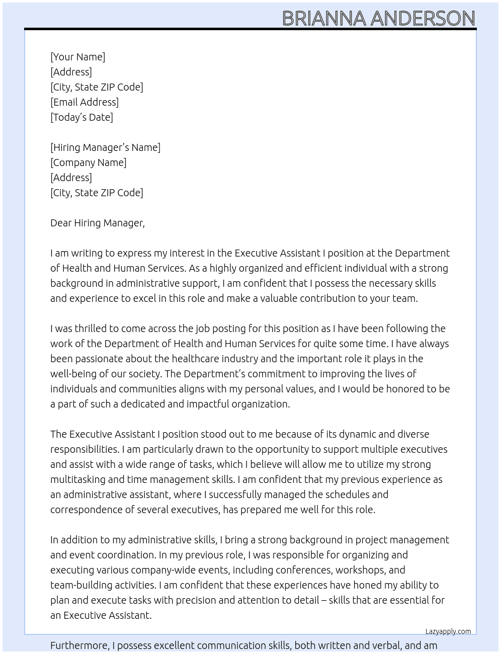 Executive Assistant I At he Department of Health and Human Services Cover Letter