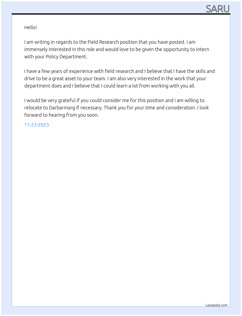 field research  At policy depart  Cover Letter