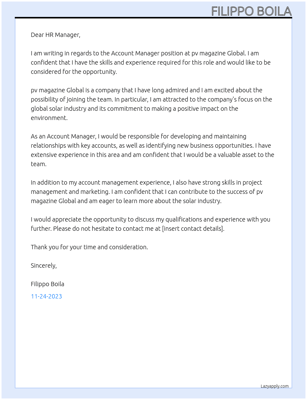 Account Manager At pv magazine Global Cover Letter