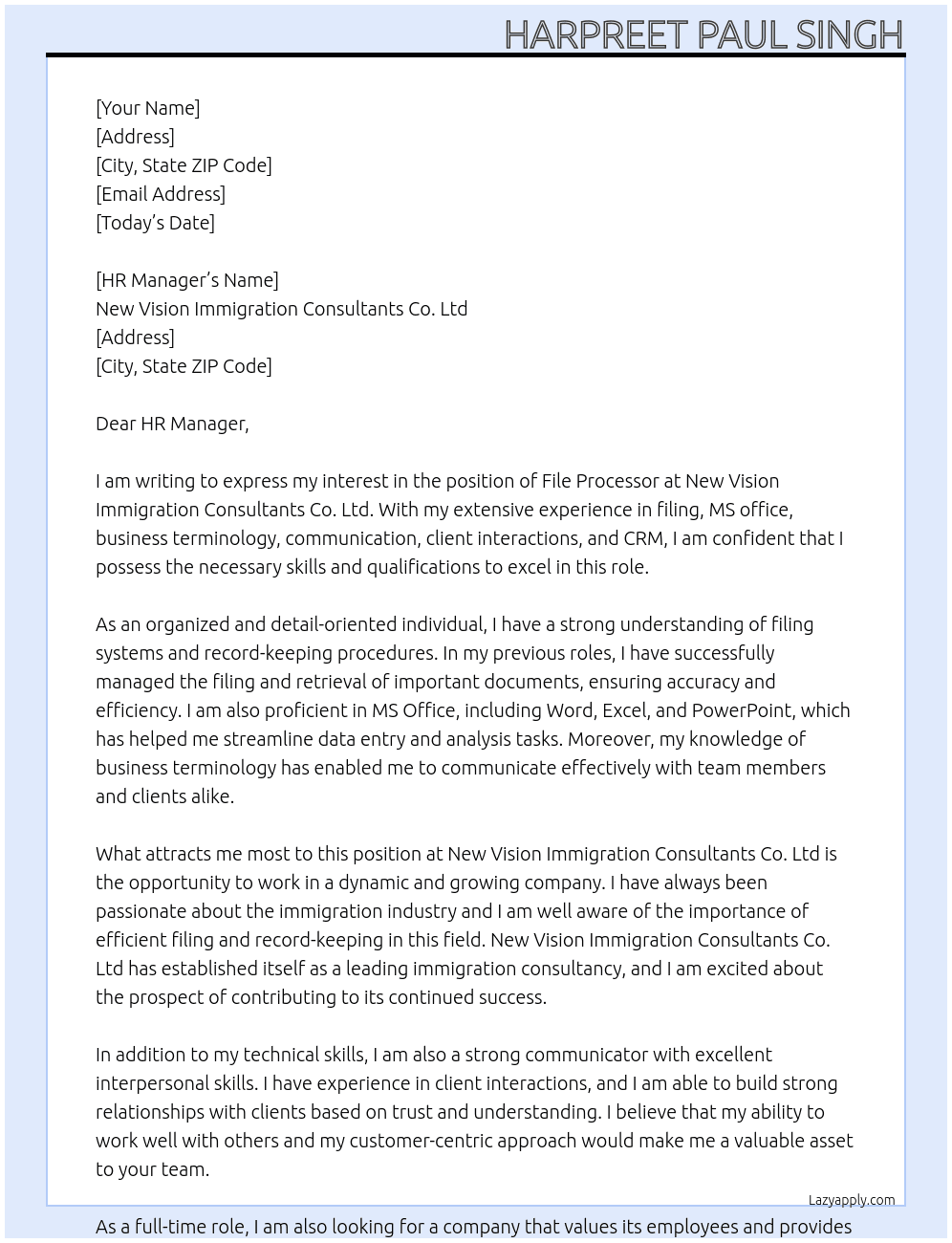 File Processor At New Vision Immigration Consultants Co. Ltd Cover Letter