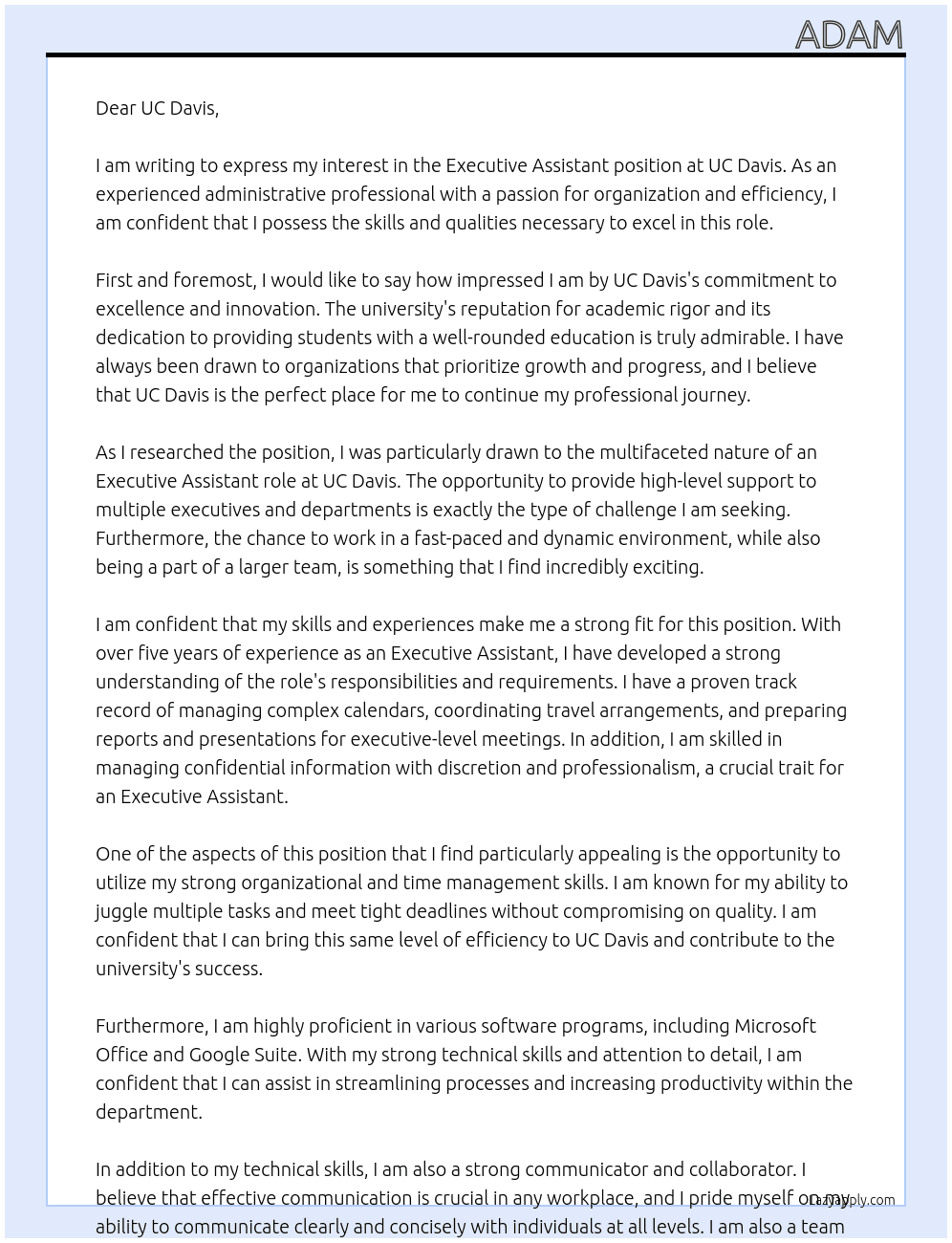 Executive Assistant  At UC Davus Cover Letter