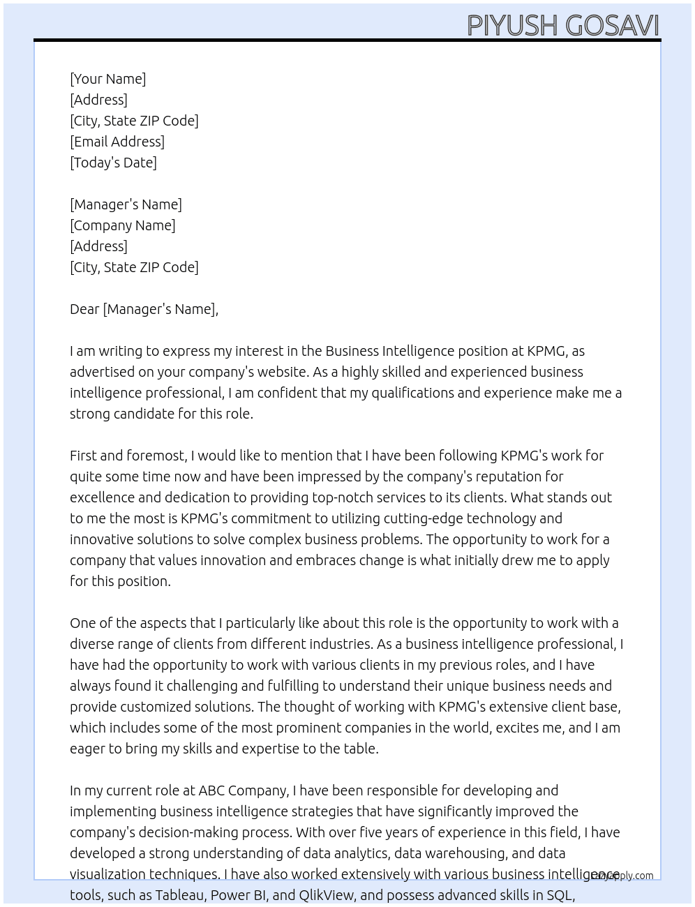 business intelligence At kpmg Cover Letter