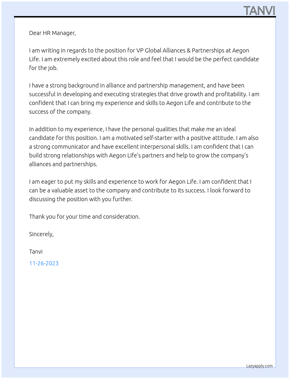 VP Global Alliances & Partnerships At Aegon Life Cover Letter