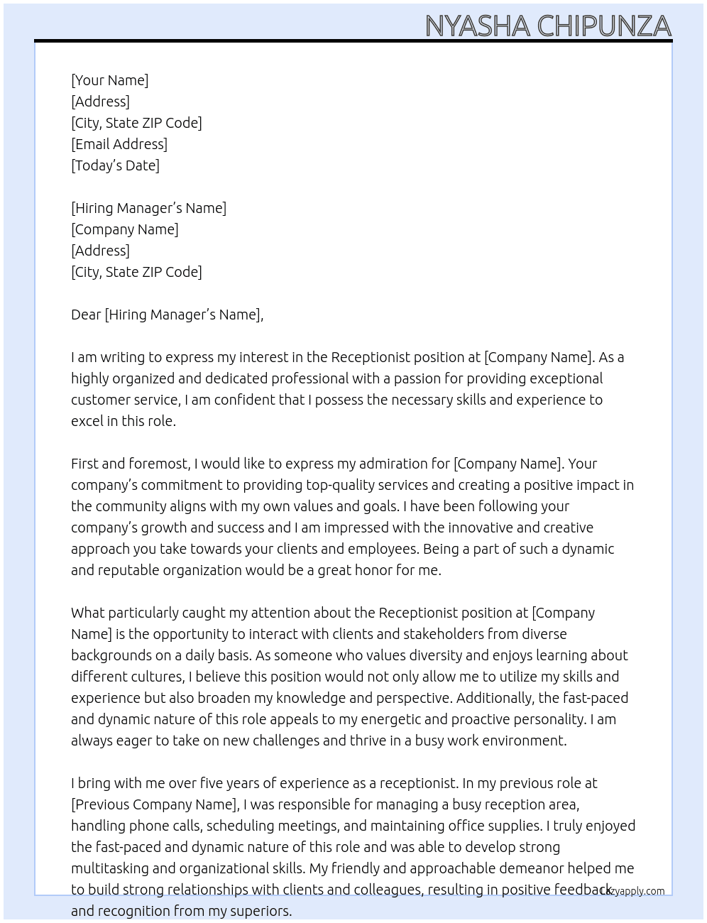 receptionist At aura group Cover Letter