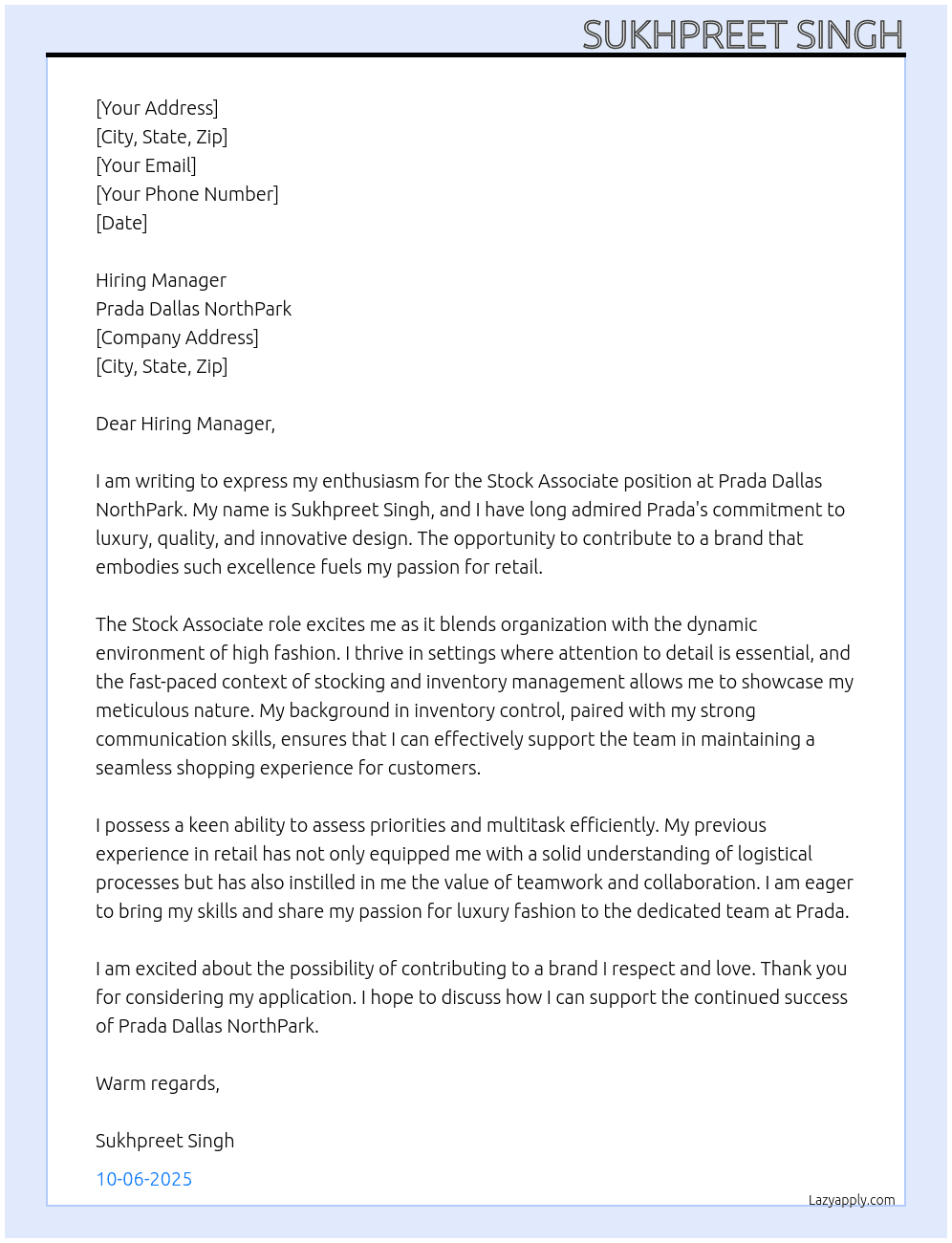Stock Associate  At Prada Dallas NorthPark Cover Letter