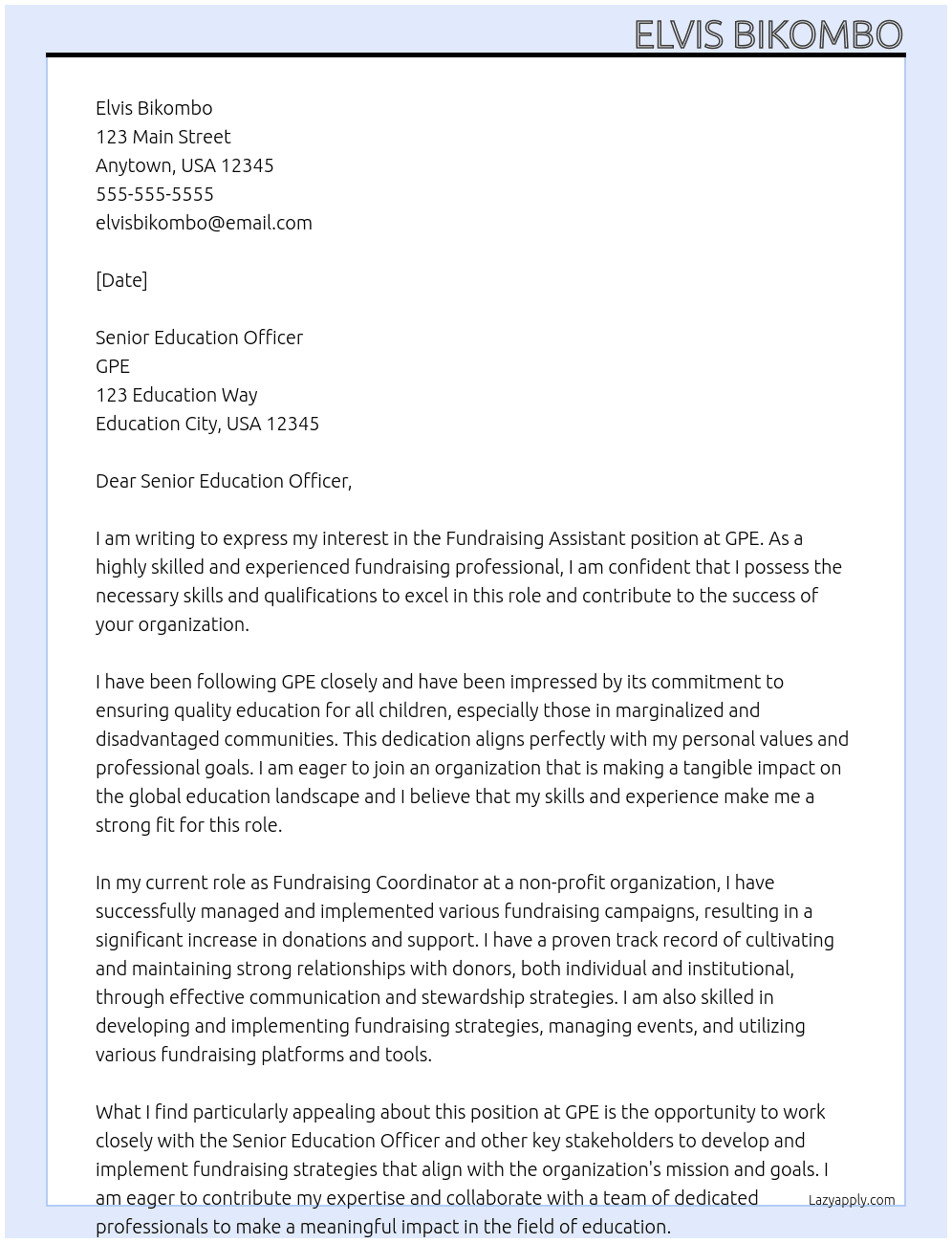 Fundraising Assistant At GPE Cover Letter