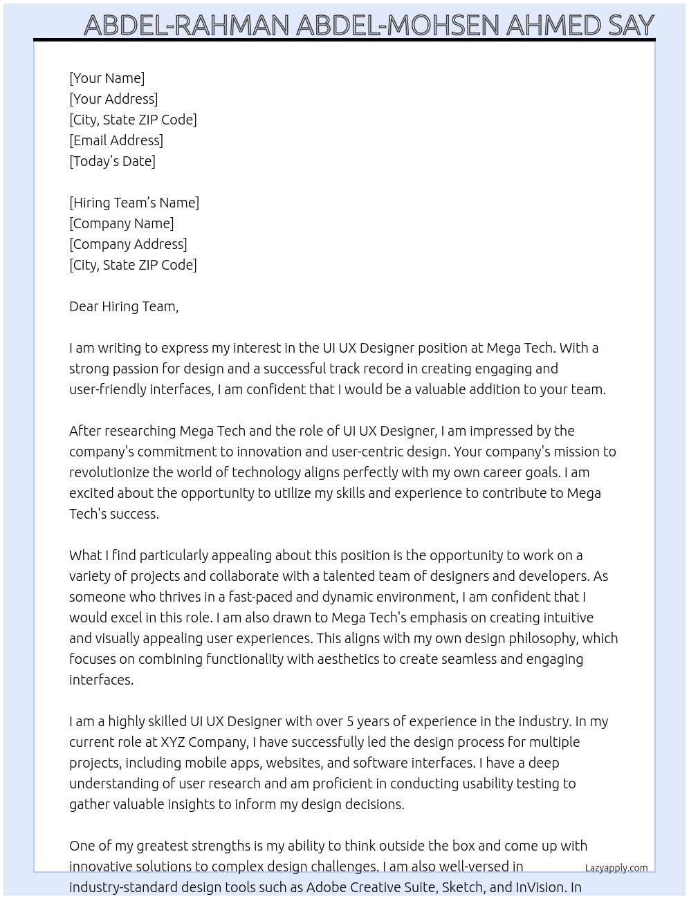 UI UX Designer  At Mega Tech Cover Letter