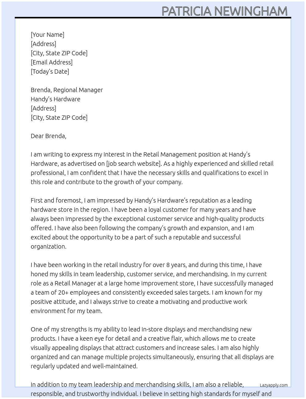 Retail management  At Handy's Hardware  Cover Letter