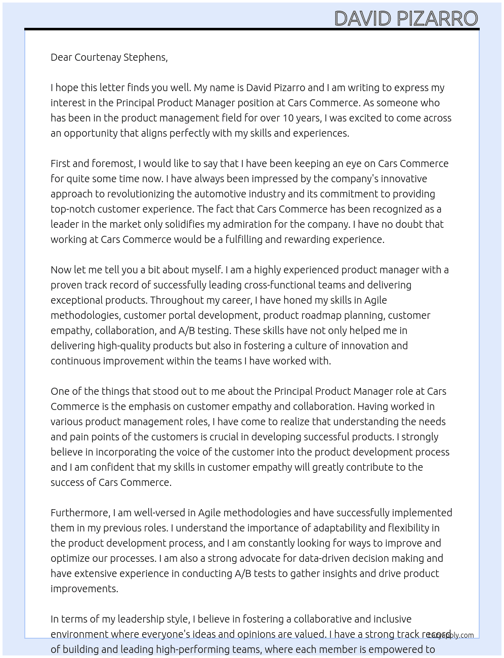 Principal Product Manager At Cars Commerce Cover Letter