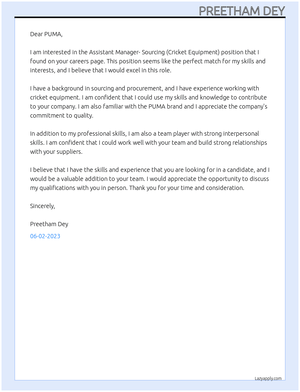 Assistant Manager- Sourcing (Cricket Equipment) At PUMA Cover Letter