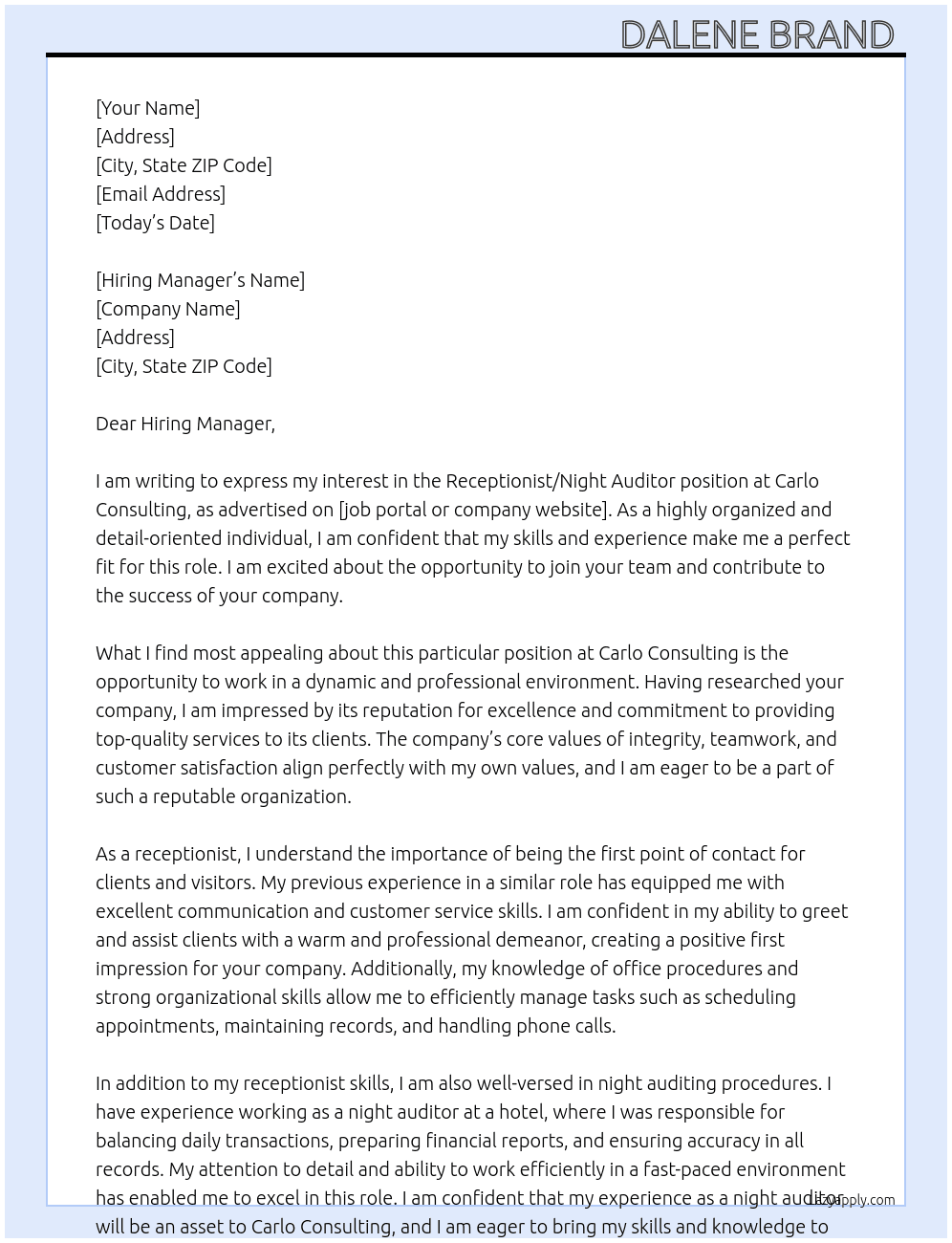 Receptionist/Night Auditor  At Carlo Consulting  Cover Letter