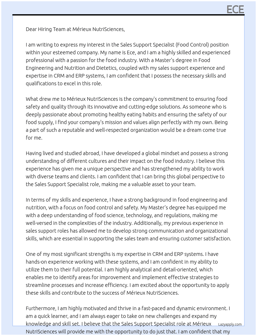 Sales support specialist (food control) At merieux nutrisciences Cover Letter