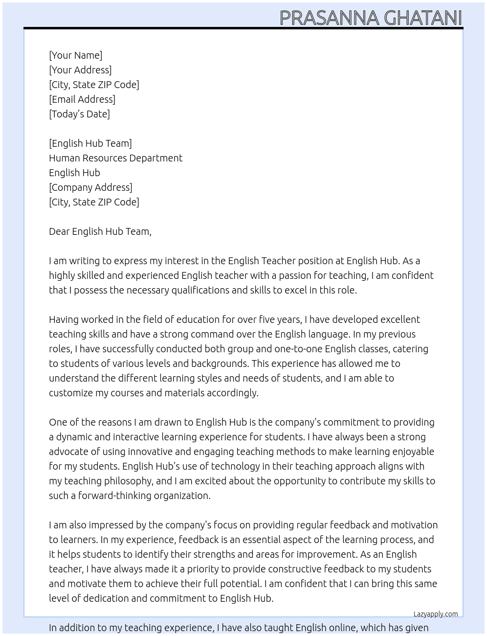 English Teacher At English Hub Cover Letter