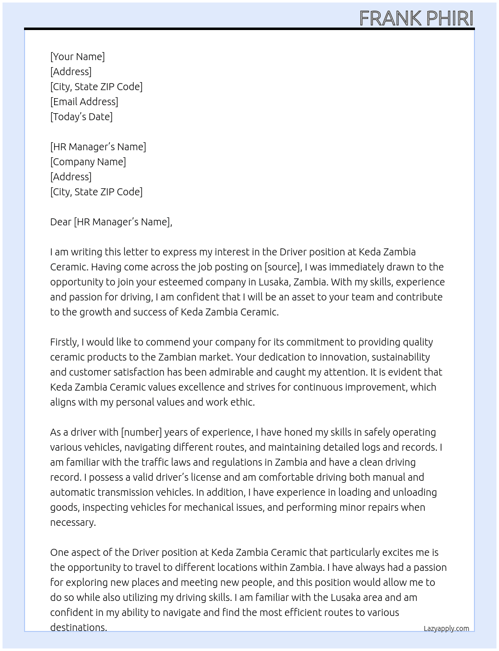 Driver  At Keda Zambia ceramic  Cover Letter