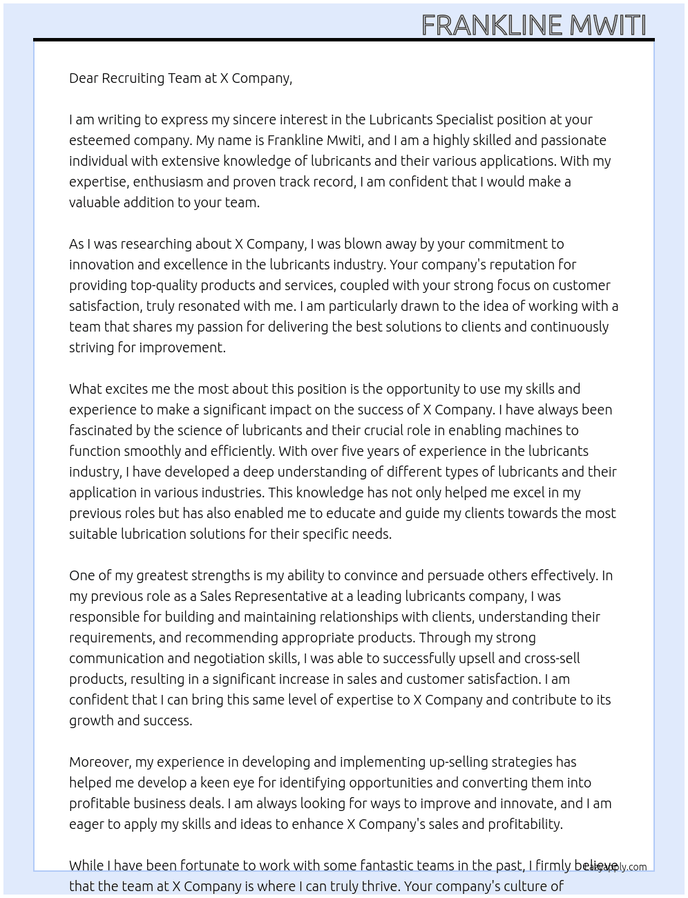 Lubricants specialist  At X company  Cover Letter
