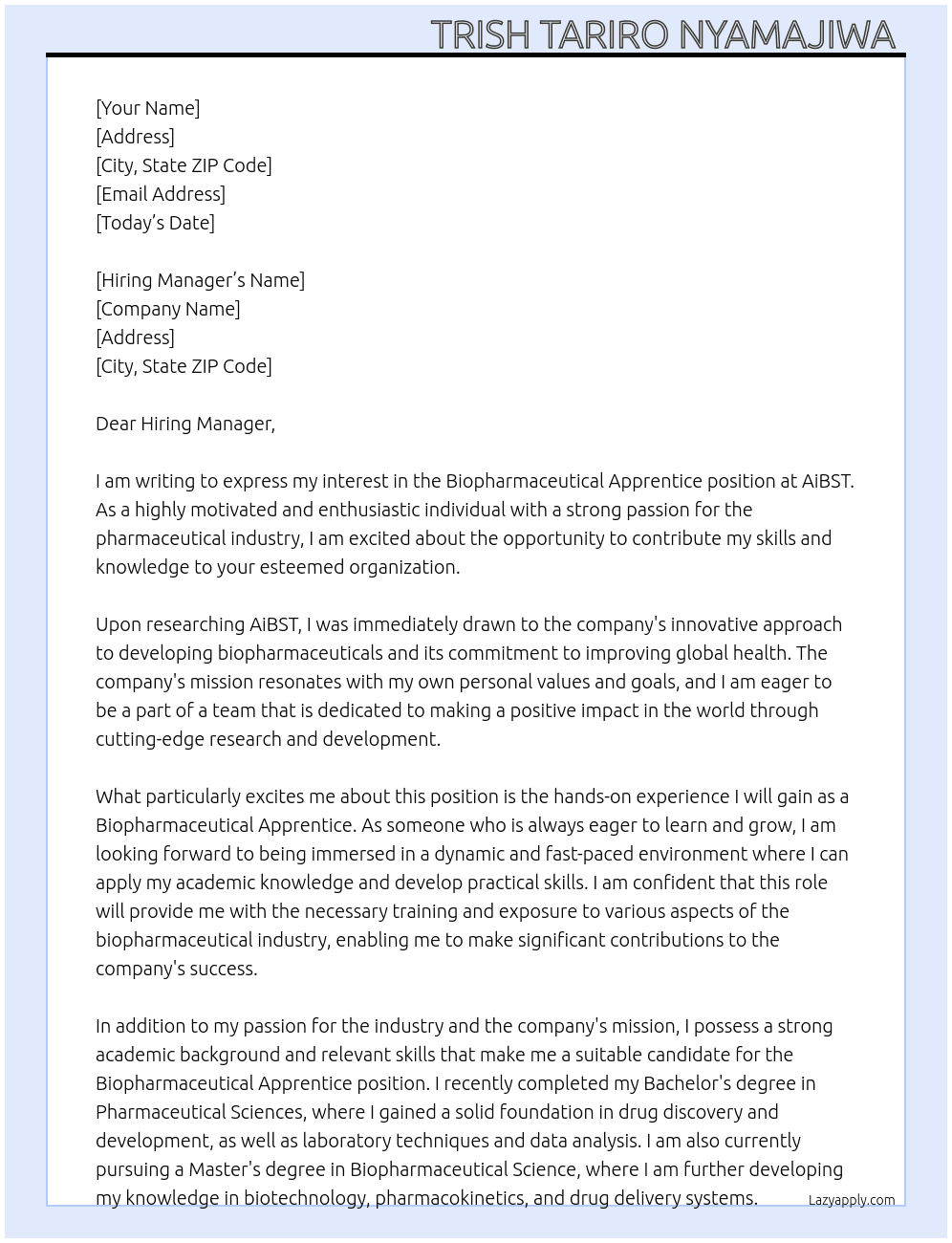Biopharmaceutical Apprentice At AiBST Cover Letter