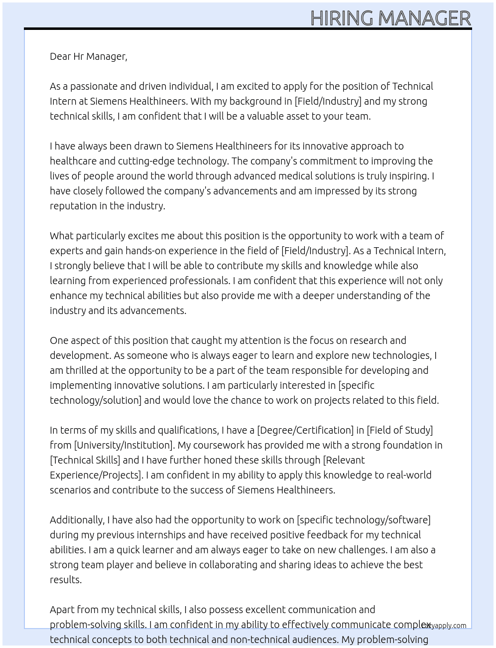 Technical Intern At Siemens Healthineers Cover Letter