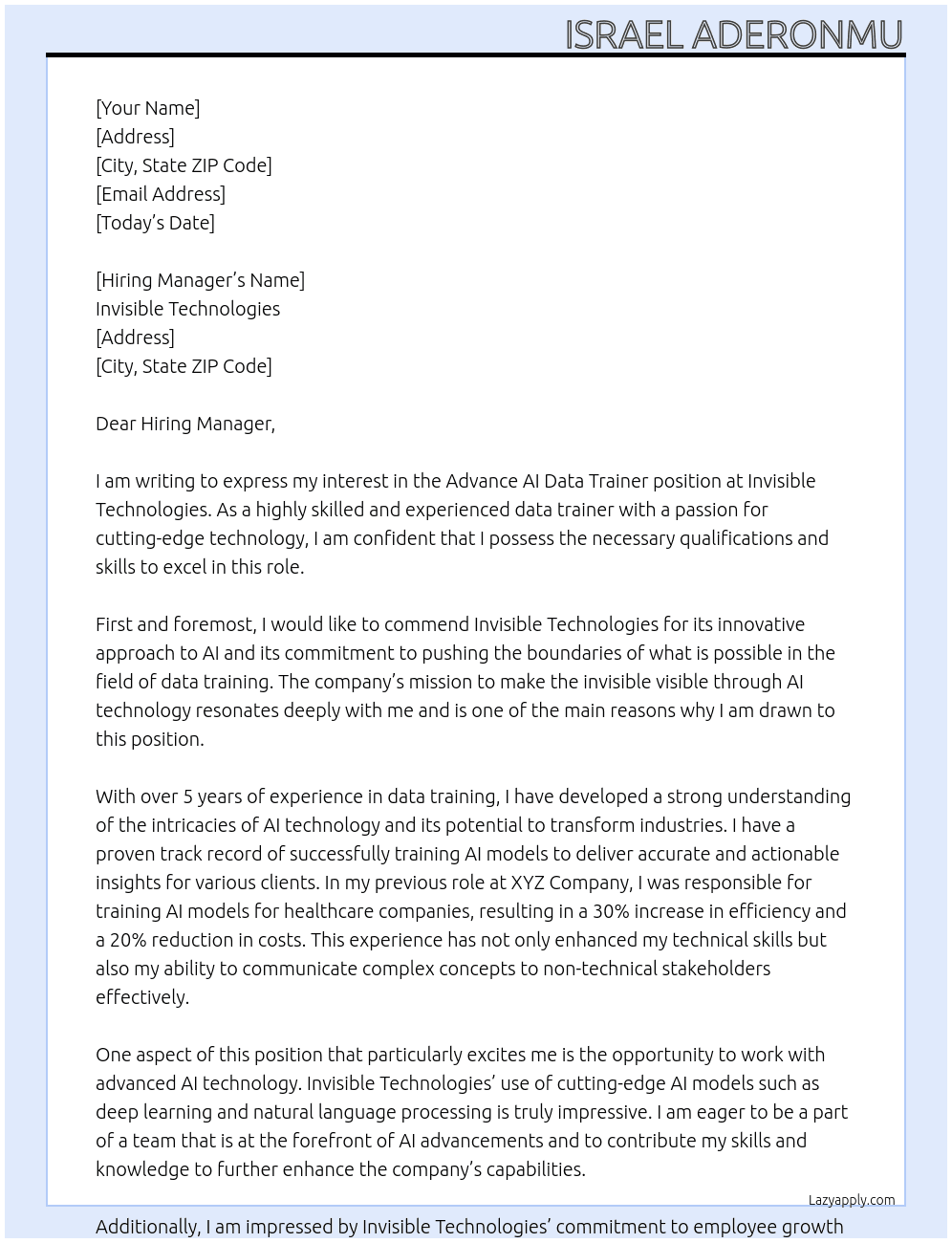 Advance  AI Data Trainer At Invisible Technologies Cover Letter