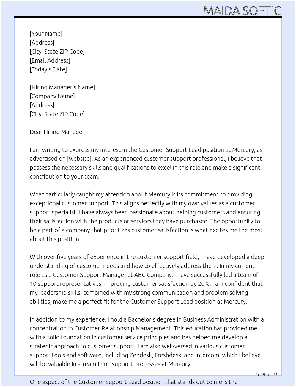 Customer Support Lead At Mercury Cover Letter