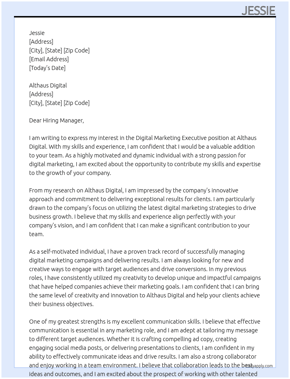 Digital marketing executive  At Althaus Digital Cover Letter