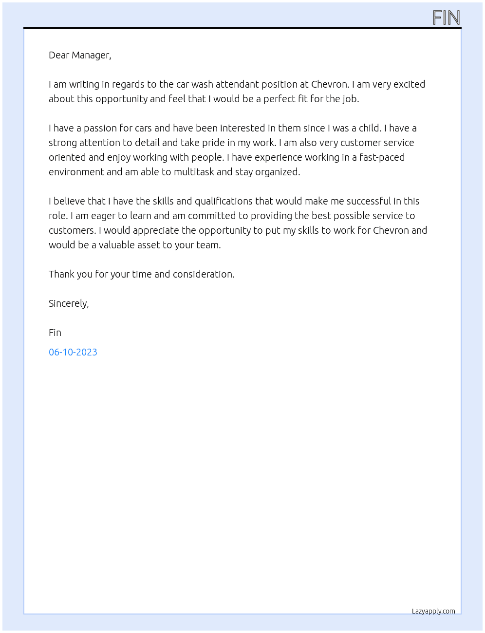 Car wash attendent At chevron Cover Letter