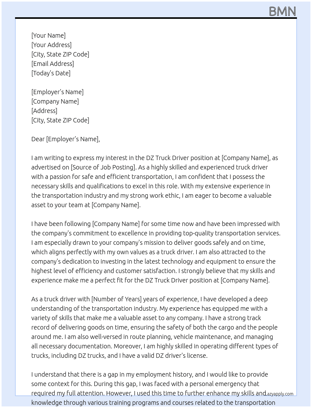 DZ truck driver At ffff Cover Letter